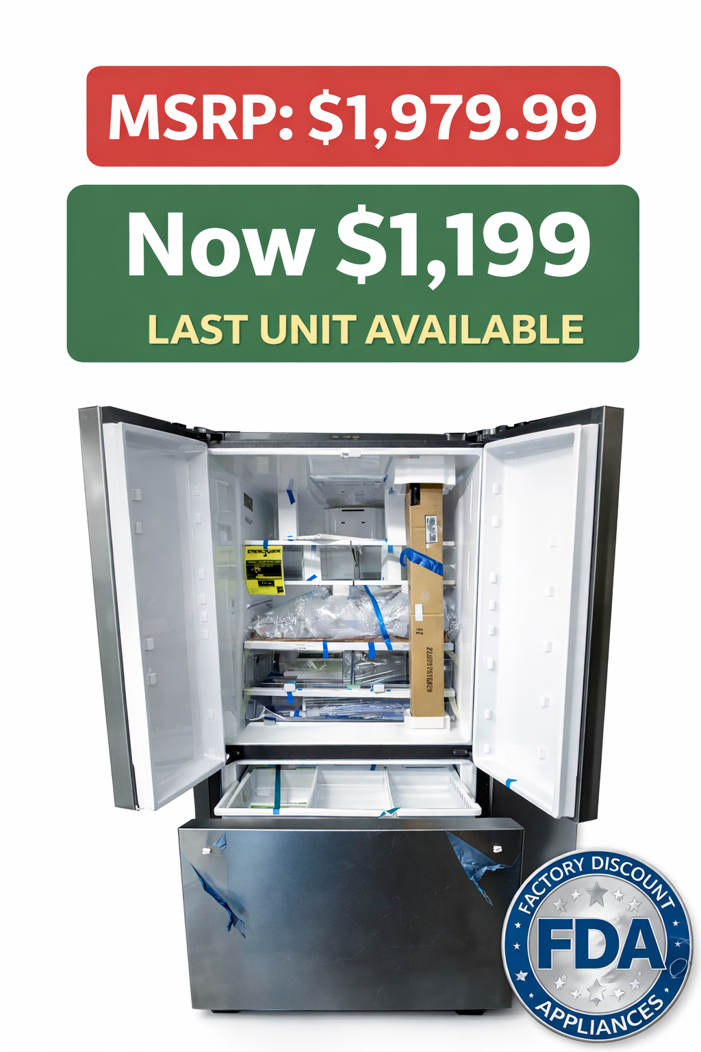 GE French door refrigerator promo showing sale price $1,199