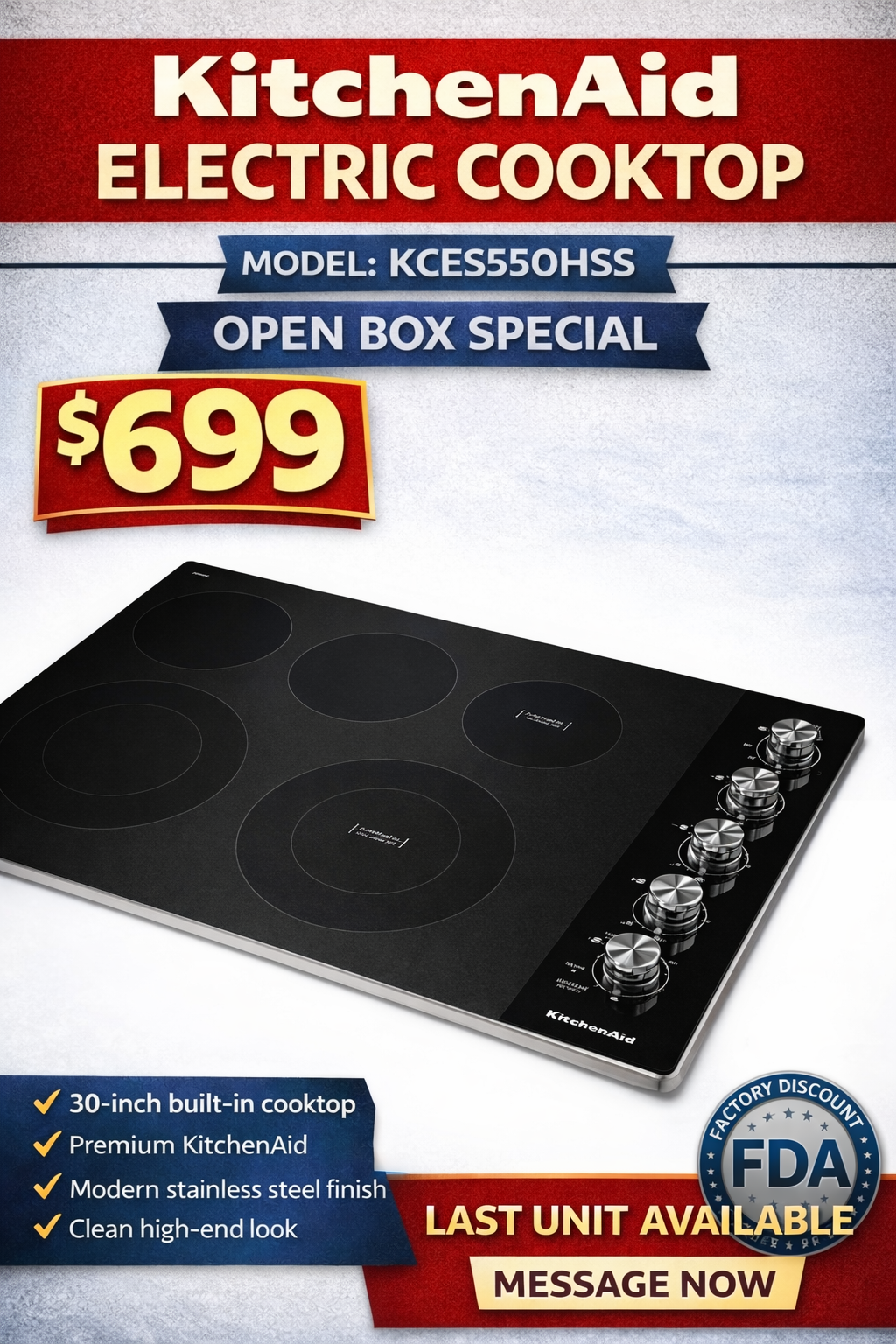 KitchenAid electric cooktop promo showing open box price $699
