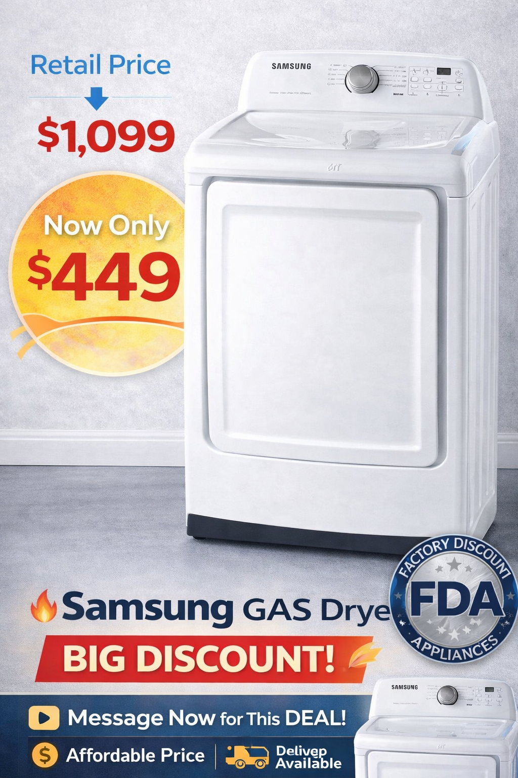 Samsung gas dryer promo showing sale price $449