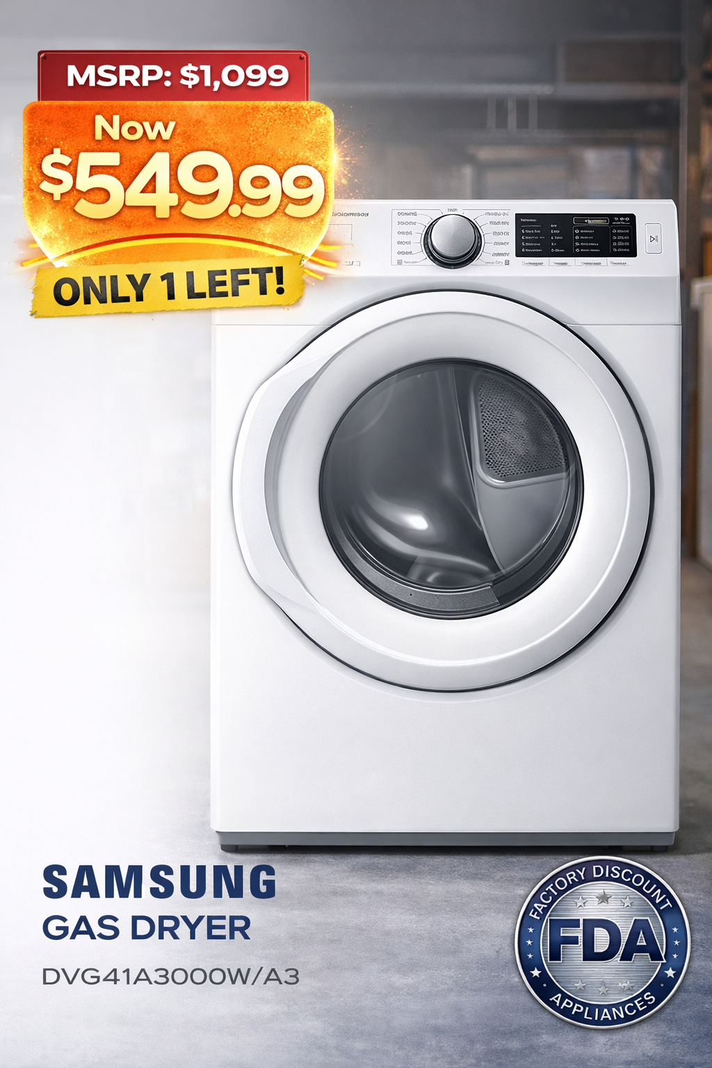 Samsung gas dryer promo showing sale price $549.99