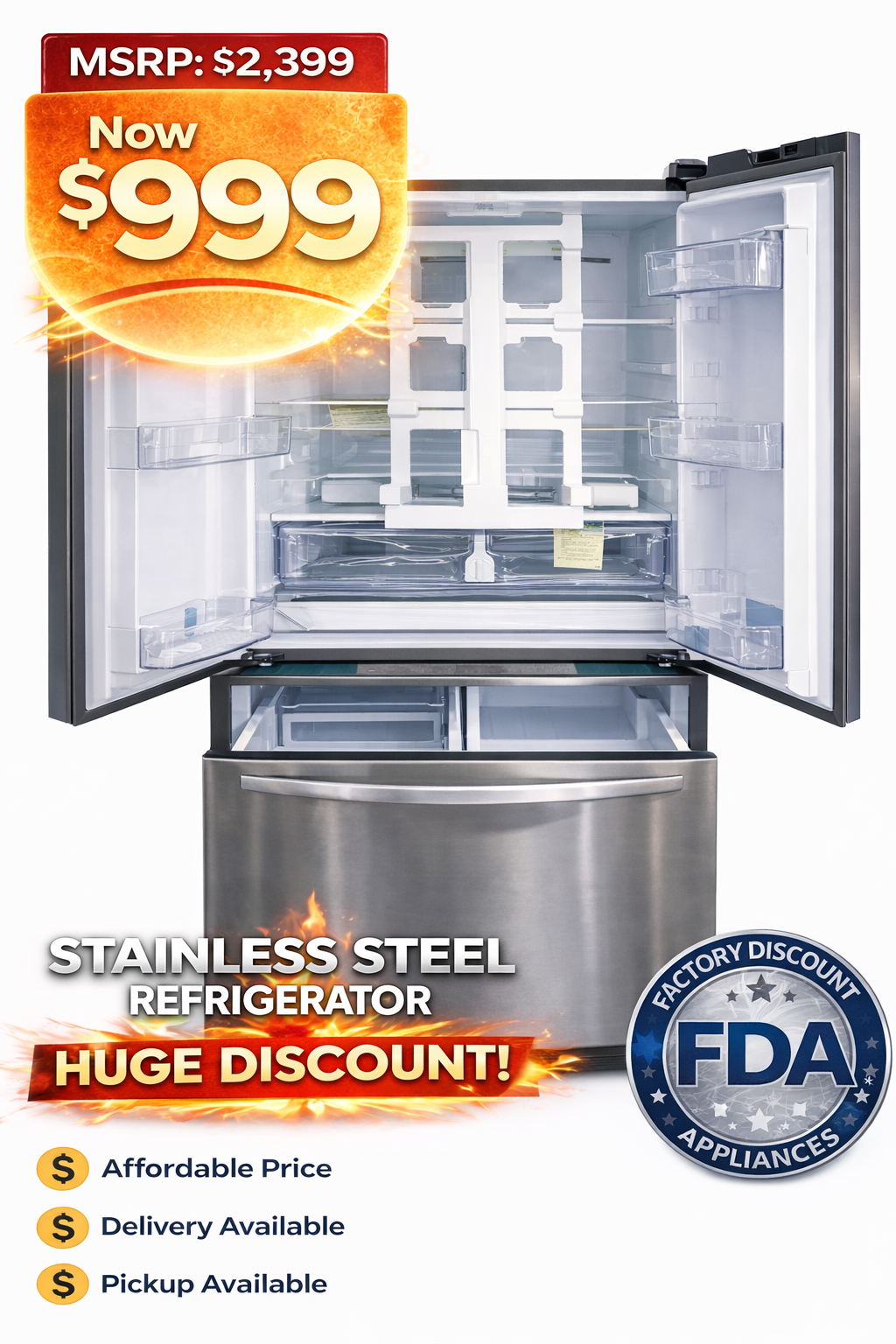 Stainless steel refrigerator promo showing sale price $999