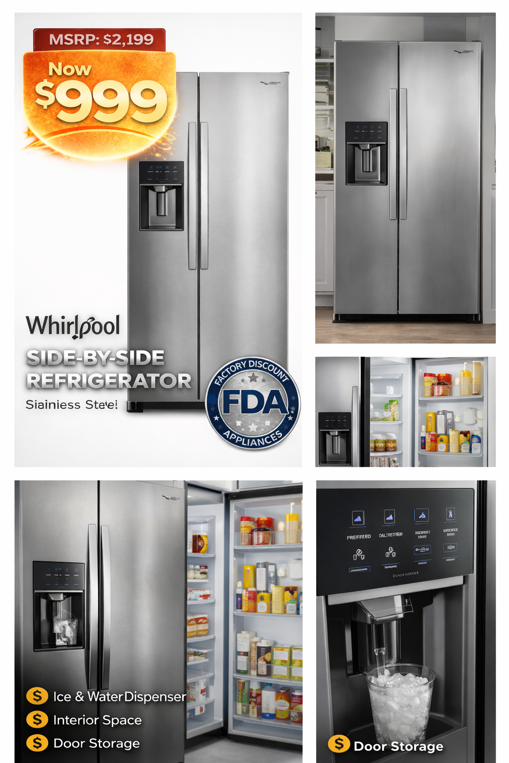 Whirlpool side-by-side refrigerator promo showing sale price $999